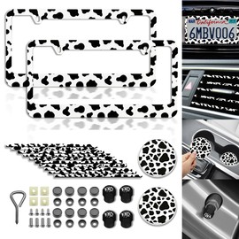 DGDRHZ Cow Print License Plate 18 Pcs car Accessories Cow Print License Plate Cover Car Tag Frames for Women or Men Compatible All Vehicle License Plate Tag Cover Fit Accessories Included (18Pcs)