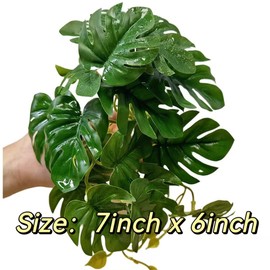 PIKAZISO Reptile Plants for Terrarium, Amphibian Habitat Decor Plants with Artificial Stone Base for Gecko Chameleon Snake Tortoise - Fake Monstera Deliciosa