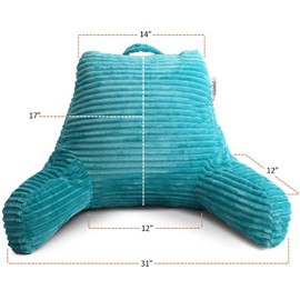 Clara Clark Reading Pillow for Bed Adult – Back Pillow for Sitting in Bed, Standard Plush Bed Pillows for Sitting Up in Bed, Shredded Foam Bed Chair Pillow with Arms and Pockets, Teal Bed Rest Pillow