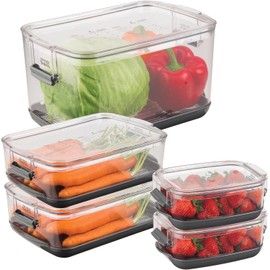 Progressive International Prepworks ProKeeper Food Fresh Produce Storage Container Set, 5- Piece, Clear Containers with Gray Sealed Tight Lids