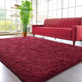 HOMORE Luxury Fluffy Area Rug Modern Shag Rugs for Bedroom Living Room, Super Soft and Comfy Carpet, Cute Carpets for Kids Nursery Girls Home, 6x9 Feet Wine Red