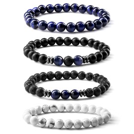 MILACOLATO 3-4 Pcs Mens Bracelets 8MM Natural Stone Beaded Bracelets Set Tiger Eye Bracelet for Men Adjustable Stretch Lava Rock Black Crystal Beaded Bracelets Father's Day Mens Jewellery Gifts-E