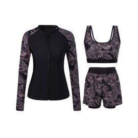 Cagola Rash Guard for Women 3 Piece Swimsuits Long Sleeve Bathing Suit with Boyshorts and Bra Ladies Swim Over 50 UPF 50+, Black & Monstera Leaves, XX-Large