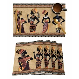 Black Women Placemats Set of 6, African Ethnic Dress Tribal Geometric Khaki Placemats for Dining Table Place Mats for Kitchen Table Waterproof Table Mats, Wipeable Dining Table Set