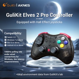 AKNES GuliKit Elves 2 Pro Wireless Controller for Switch/Switch 2, Windows, iOS and Android - Hall Effect Joysticks, 1000Hz Polling Rate, 3 Rumble Modes, Gyro Aiming - Transparent Black