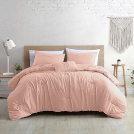 TRP Vintage Style Reversible 4 Piece Down Alternative Comforter Queen Size Solid Pattern | All Seasons Shabby Chic Bedding Coral Blush Pink Color Super Soft Plush Warm Luxury Feel Boho Aesthetic Look