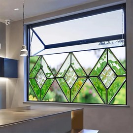 HOMETITUTE Green Stained Glass Window Film 39.3x17.7 Inch Static Cling Window Privacy Film Decorative Windows Cling for Bathroom Kitchen Front Door Anti UV No Glue Glass Covering for Home