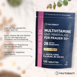 Horbaach Multivitamin Tablets Women 50+, 28 Vitamins and Minerals with Vitamin D3, B12, B6, Iron, Biotin, CoQ10, Soy Isoflavones
