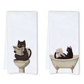 Cabana Bro Funny Black Cat Bathroom Hand Towels, Black Cat Gifts, Funny Kitty Read Newspaper Decorative Hand Towels for Kids Bath Room Washroom Spa Dorm, 16x24 Inch Set of 2