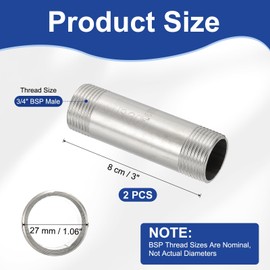 PATIKIL 304 Stainless Steel Pipe Fitting, 2 Pack 3/4" BSP Male x 3/4" BSP Male Threaded 3" Length Nipple Cast Pipe for Extending Piping, Silver