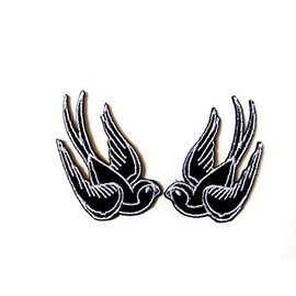 TH Set of 2 Tiny. Mini Black Little Bird Tattoo Swallow Dove Sparrow Cute Cartoon1 Logo Patches Sew Iron on Embroidered Applique Badge Sign Patch Clothing Costume