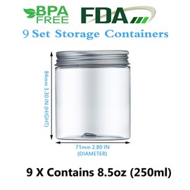 Aoligei Mepal Plastic Storage Jars, Set of 9, BPA-Free Containers with Lid, Airtight Containers, Slime Containers, Spices Set, Storage, Kitchen, Tea, Spice Jars (250 ml)