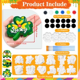 Arrowbash 12 Sets St. Patrick's Day Plaster Painting Kit Ceramics to Paint Green Shamrock Fridge Magnets DIY Irish Theme Plaster Statue Crafts Unpainted Ceramic Figurines Refrigerator Magnets
