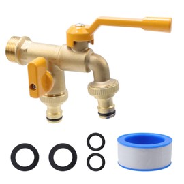 Antrader Double Taps Water Faucet,3/4" Pure Copper Frost Proof Outside Spigot,2 Way Wall Mounted Water Tap with Orange Handle for Lawns,Balcony,1Pcs