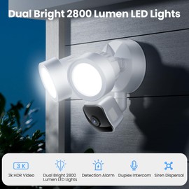 gdend Floodlight Camera Flood Lights Outdoor - Motion Sensor Outdoor Lights 3K UHD Security Camera, 5500K 2800-Lumen, 105dB Siren, Wired 24/7 Recording