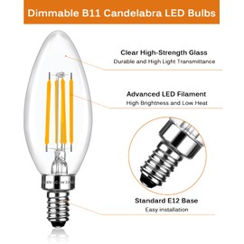 Brtstiun E12 Dimmable LED Candelabra Bulbs 60 Watt Equivalent, B11 Vintage LED Ceiling Fan Light Bulbs, 600 Lumens 2700K Soft Warm White, 6W C35 Clear Glass Chandelier for Kitchen, 12 Pack