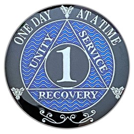 AA 1 Year Recovery Medallion, Silver, Blue and Black Color, Alcoholics Anonymous Recovery Metal Coin, And a Red Vegan Leather Keychain Coin Holder