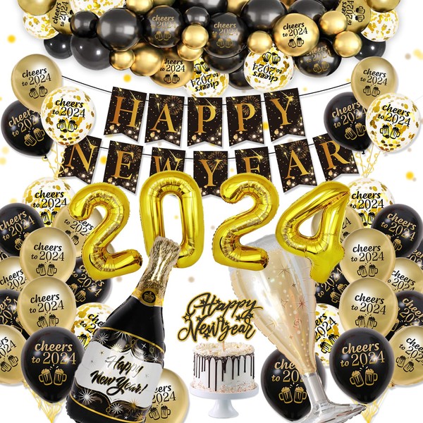 Kit de décoration du Nouvel An 2024 - Ballons en aluminium - Décoration du Nouvel An 2024 - Ballons noirs et dorés - Décoration de fête du Nouvel An 2024 - Guirlande Happy New Year - Bannière - Nouvel