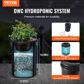 VEVOR DWC Hydroponics Grow System, Hydroponic Growing System with Top Drip Kit, 5-Gallon Deep Water Culture with Air Pump, Air Stone and Water Level Device for Leafy Vegetables(1 Bucket+Top Drip Kit)
