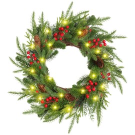Chuangdi 24 Inch Pre-Lit Artificial Christmas Wreath with Berry Lights Front Door Wreath with Pine Cone Christmas Wreath for Wall Indoor Outdoor Christmas Decor, Battery Not Included