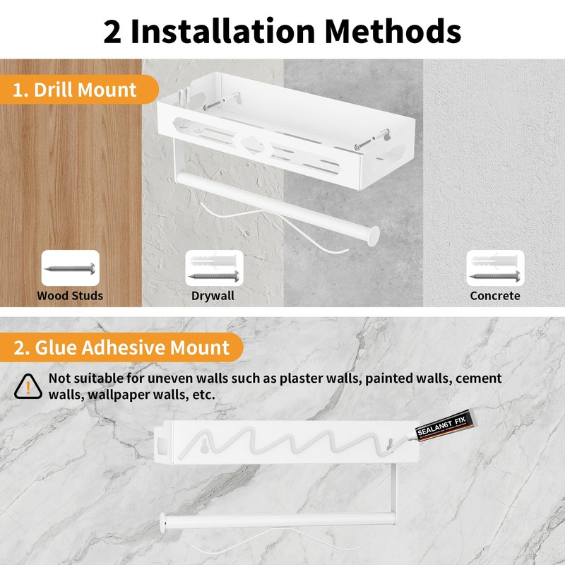 White Paper Towel Holder Wall Mount with Shelf - Adhesive