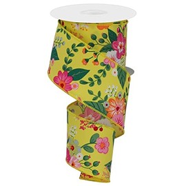 Graphic Florals Wired Edge Ribbon, 10 Yards (2.5 Inch, Yellow)