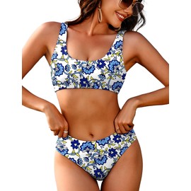 AI'MAGE Women Ribbed Bikini Sets Sporty Swimsuits Scoop Neck Two Piece Bathing Suits High Cut Bikini(Flower,Small)