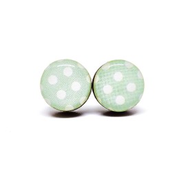 Stud Earrings, Polka Dot, 10 mm, Handmade, Stainless Steel Posts for Sensitive Ears Retro Studs for Women Men Girls(Light Mint and White Polka Dot)