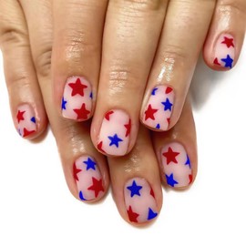 4th of July Press on Nails Short Square Fake Nail with Red Blue Star Designs Independence Day Matte False Nails Full Cover Stick on Nails Acrylic Reusable Patriotic Artificial Nail for Women 24 Pcs