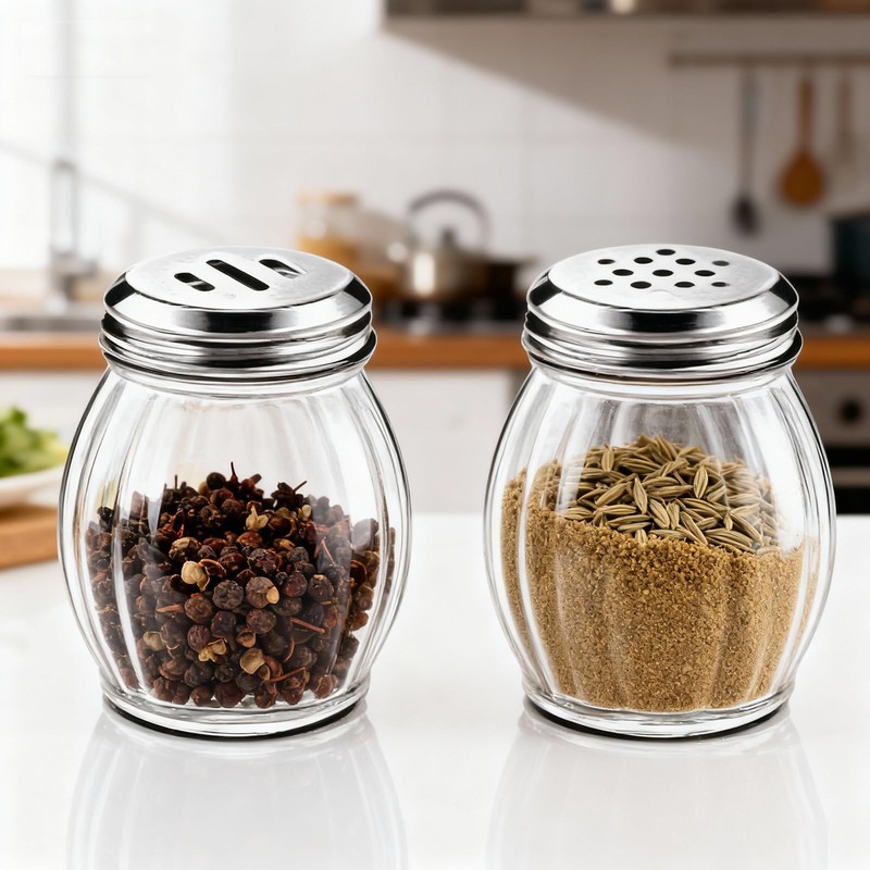 Glass Spice Shaker Set with Stainless Steel Top, 6 Ounces,