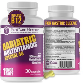 ProCare Health Bariatric Multivitamin with Iron (30 Capsule) 45mg Iron with Reduced B12 - Post-Op Bariatric Vitamins for Gastric Bypass Sleeve Patients, Sustains Recovery & Energy (1 Month Supply)