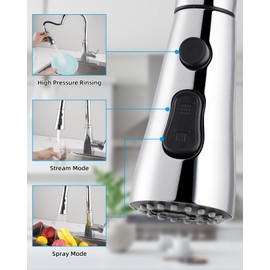 Hibbent Stainless Steel Pull Down Spray Head Replacement with 15 Adapters, NSF/ANSI/CAN 61 & CUPC Certified 3-Function Kitchen Faucet Nozzle, Compatible with Moen, Delta, Kohler Faucet, Chrome