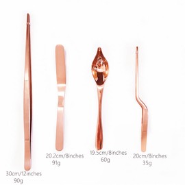 4 Pcs Stainless Steel Kitchen Chef Cooking Tweezers Precision Tongs Drawing Spoons Offset Spatula Set for Professional Chef Food Culinary Plating Decorating (Rose Golden)