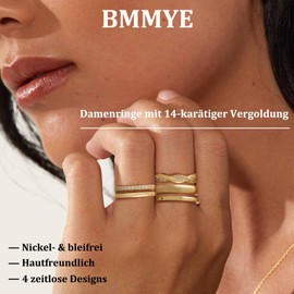 BMMYE Set of 4 Gold Rings for Women Tarnish Resistant 14K Gold Plated Cubic Zirconia Thumb Ring Set Petite Stacking Rings for Women Size 6-9, Gold-plated copper, No Gemstone