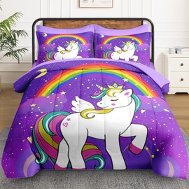 WeCozy Full Size Comforter Set with 2 Pillowcases & 2 Shams, Cute Unicorn Purple Space 7 Pcs Bedding for Kids and Teens, Animal Rainbow Horse Bed in a Bag with Flat Fitted Sheet