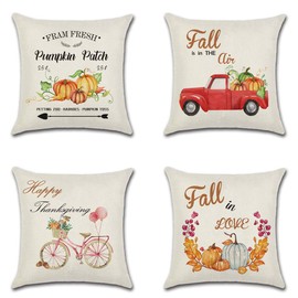 Artscope Set of 4 Decorative Cushion Covers 45 x 45 cm, Autumn Theme, Cotton Linen Cushion Covers, Decorative Cushion Cover Set, Cushion Case for Sofa, Car, Bedroom, Home Decor, Pumpkin - F, 45 x 45 cm