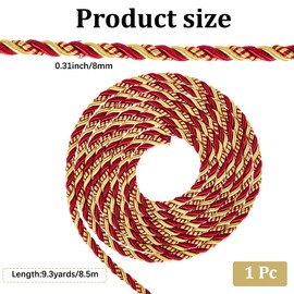 CABODYALS 9.3 Yards 8MM Red Gold Braid Cord Trim Decorative Twine Braid Polyester Silk Honer Rope Xmas Thread String Satin Cord Trim for Home Decor Curtain Tieback Upholstery Graduation Crafts DIY