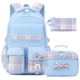 BEFUNIRISE Girls Backpack Set,17 inch School Backpacks Cute Book Bag with Lunch Box for Teen Kid Elementary Middle High School(3PCS Blue, Large)