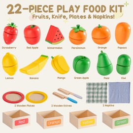 ROBUD Wooden Toy Food for Children, 18 Pieces Cutting Fruit Toy Set, Pretend Play Kitchen Accessories for Toddlers, Educational Toy Food Playset for Boys & Girls
