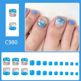 Tyuimhx Summer Beach 24pcs Square Acrylic Press-On False Toenails with Coconut Tree Seashells, Dolphin, Starfish Designs, Glossy Finish, Tropical Style