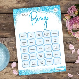 Olivia Samuel 16 Player Bingo Baby Shower Game - Blue Glitter Effect Design (16 Guest Cards + 4 Sheets of Calling Cards for The Host + Winner's Certificate)