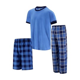 US Angels Boys Pajamas Set - 3-Piece Boys’ Sleepwear Pjs, Loose Fit, Premium, Soft, Breathable, Shirt, Pants & Shorts, Teens and Kids Pajama Set - Size 5-6 Blue Plaid