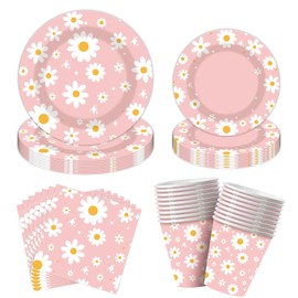 Bicuces 80 Pcs Daisy Birthday Party Tableware Set Daisy Party Decorations Include Daisy Plates and Napkins Cups Two Groovy Disposable Dinerware for Retro Theme Hippie Girl Birthday Party Supplies
