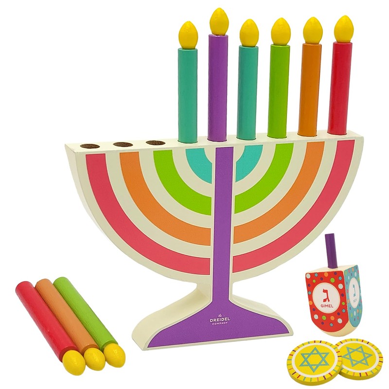 Mini Hanukkah Children Wooden Chanukah Menorah Multicolor with Removable Candles