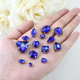 Dowarm Sew on Rhinestones 104 PCS Mixed Shapes Glass Sew on Crystals for Crafts Metal Flatback Claw Gemstones for Jewelry Making Costumes Clothes Garment, Dark Blue/Royal Blue/Sapphire