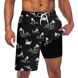 Mens Swim Trunks with Compression Liner Men 2 in 1 Mens Shark Bathing Suit 9 Inch Swimming Trunks Beach Black Board Shorts Stretchy Cruise Ship Swimsuit with Pockets
