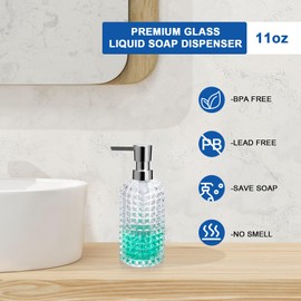 UHEY HOME Glass Hand Soap Dispenser with Pump for Kitchen and Bathroom - 11oz Refillable Liquid Soap Dispenser Plastic Pump