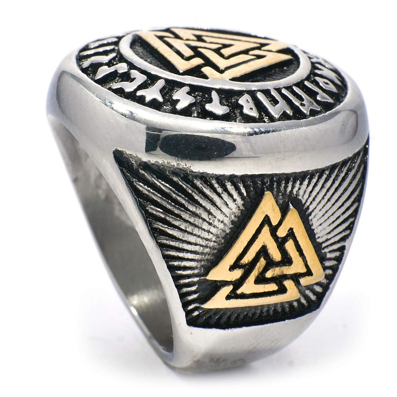 PikaLF Triple Valknut Ring With Rune Circle Symbol, Odin Symbol