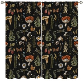 AAVEUP - Cortinas de hongos rústicos, clásico, color negro, diseño bohemio, bosque, hojas, plantas, hongos, flores, tratamiento de ventanas, cortinas con aislamiento térmico para niños y niñas,