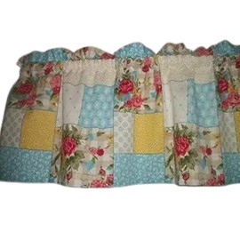 Blue Sweet Rose Patchwork Pioneer Woman Flowers Floral Farmhouse Window Treatment Farm Kitchen Fabric Curtain Topper Valance Matches Tablecloth